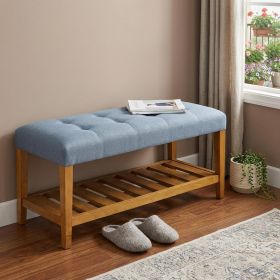40" Blue and Brown Upholstered Polyester Bench with Shelves