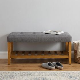 40" Gray and Brown Upholstered Linen Blend Bench with Shelves
