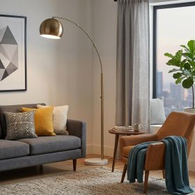 78" Brass Arc Floor Lamp With Brass Solid Color Bowl Shade