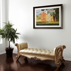 74" Beige and Gold Upholstered Faux Leather Bench