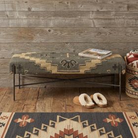 55" Green and Brown and Black Upholstered Cotton Blend Abstract Bench