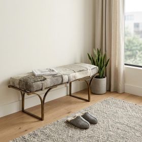 55" Gray and Antiqued Brass Upholstered Faux Fur Bench