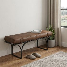 55" Brown and Black Upholstered Genuine Leather Bench