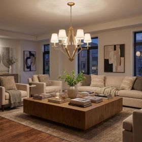 Easton 6-Light Washed Gold Chandelier With Crystal Bobeches And White Fabric Shades