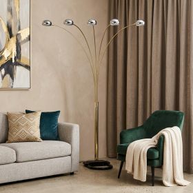 84" Brass 5 Arc Floor Lamp With Gold Dome Shade