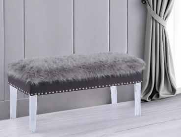 42" Gray and Clear Upholstered Faux Fur Bench with Flip top