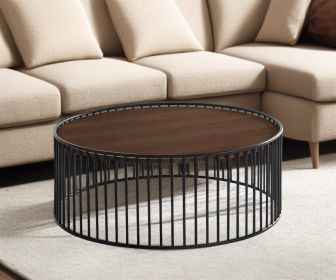 Modern Walnut and Black Metal Rods Round Coffee Table
