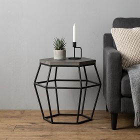 Modern Gray Concrete and Black Metal Hexagonal End Table