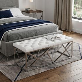 48" White and Silver Upholstered Faux Leather Bench