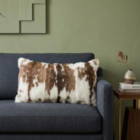12" X 20" Brown And White Rabbit Natural Fur Throw Pillow