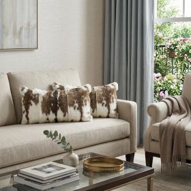 Set of Two 12" X 20" Brown and White Rabbit Natural Fur Throw Pillow