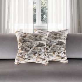 Set of Two 18" Tan and White Rabbit Natural Fur Throw Pillow