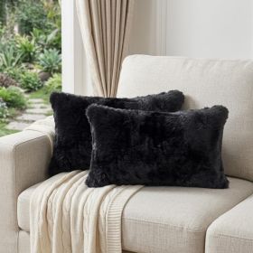 Set of Two 12" X 20" Black Rabbit Natural Fur Throw Pillow