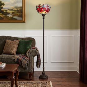 69" Brown Traditional Shaped Floor Lamp With Red Yellow And Brown Dragonfly Stained Glass Dome Shade