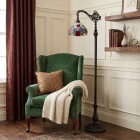 72" Brown Traditional Shaped Floor Lamp With White And Red Stained Glass Bowl Shade