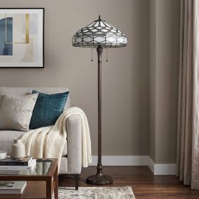 62" Brown Two Light Traditional Shaped Floor Lamp With White Stained Glass Bowl Shade