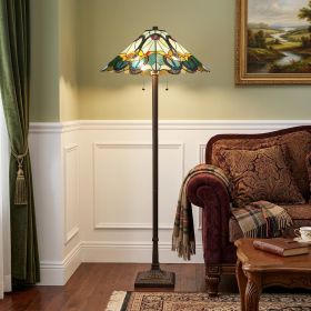 62" Brown Two Light Traditional Shaped Floor Lamp With Brown And Blue Stained Glass Cone Shade