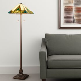 62" Brown Two Light Traditional Shaped Floor Lamp With Beige Green And Blue Geometric Stained Glass Empire Shade
