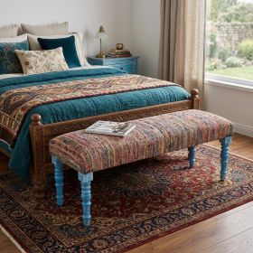 47" Blue and Orange Fabric And Viscose and Solid Wood Upholstered Distressed Bench