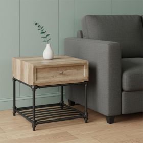 22" Sandy Black And Oak Manufactured Wood And Metal Square End Table With Drawer And Shelf