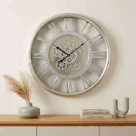 21" Circle Silver Metal and Glass Analog Exposed Gear Wall Clock