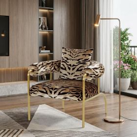 34" Beige And Black And Gold Upholstered Animal Print Barrel Chair