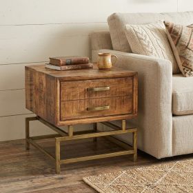 21" Brass And Brown Solid Wood And Iron Square End Table With Drawer