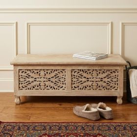 46" Antique White Solid Carved Wood Scroll Bench with Flip Top