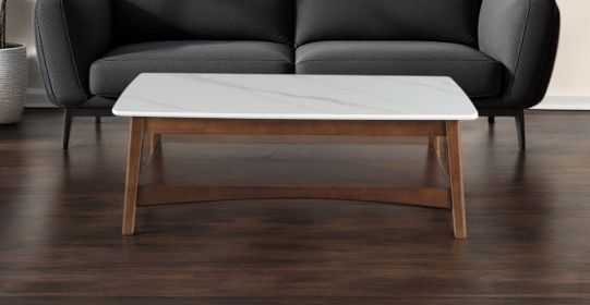 48" Walnut And White Stone Rectangular Coffee Table With Shelf