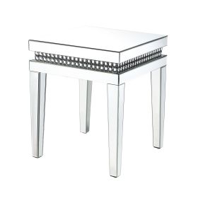 Mirror Inlay End Table with Faux Crystal Accents, Silver