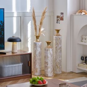 3-Piece Handcrafted Metal Floor Vase Set, Gold & White Embossed Tall Vases (24.61"/28.54"/32.48") for Living Room Entryway