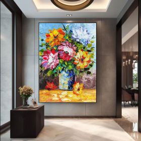 Vase of Colorful Flowers - Hand Painted Palette Knife Flower Oil Painting On Canvas Thick Paints Heavy Texture (style: 01, size: 140x210cm)