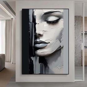 Handmade Oil Painting Sleeping Beauty Wall Art Abstract Face Painting Black And White Textured Painting Palette Knife Wall Art Living Room Wall Decor (style: 01, size: 50x70cm)